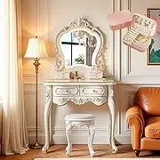 Dressing Table Vintage European,Makeup Vanity Table with LED Mirror & Jewelry Box for Girls Dressing Areas Bedroom(80x45x148cm)