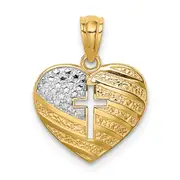 14K Yellow & Rhodium W/Rhodium Us Flag With Cross Heart Pendant