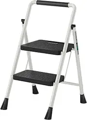 2 Step Ladder, RIKADE Folding Step Stool, Step Stool with Wide Anti-Slip Pedal, Lightweight, Portable Folding Step Ladder with Handgrip, Multi-use Steel Ladder for Household and Office