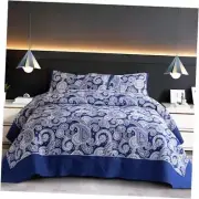Royal Blue Queen Patchwork Quilt Set-3 Piece Lightweight Reversible Damask