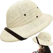 [Comebachome] Pith Hat for Adult, Short Brim Pith Helmet with Belt for Sun Protection, Zoo Keeper Costume Milky White