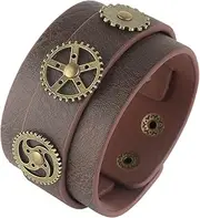 [HZMAN] Steampunk Alloy Gear Leather Wristbands for Men Women Bracelets Cuff Bangle Jewelry Brown Adjustable, 8.0-8.5Inch, Leather, not