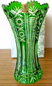 Vintage Large 10" CAESAR CRYSTAL Czech Green Vase Hand Cut