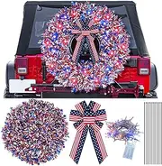 Knitgrip 4th of July Car Wreath Spare Tire Decoration Patriotic LED Spare Tire Cover DIY Kit Include 150ft Star Metallic Garland Patriotic Bow 80 LED String Lights for Truck SUV Independence Day Decor