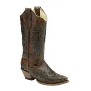 CORRAL Women's Chestnut Marble Turquoise Winged Fleur de Lis Inlay Snip R1013