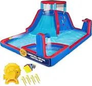 Sunny & Fun Four Corner Inflatable Water Slide Park – Heavy-Duty for Outdoor Fun - Climbing Wall, Slide & Deep Pool – Easy to Set Up & Inflate with Included Air Pump & Carrying Case