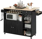 Trolley Rolling Kitchen Island Cart, Microwave Rack Serving Cart On Wheels with Drawer & Shelves & Cup Hanging, Black Storage Rack