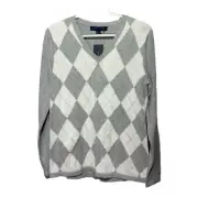 Tommy Hilfiger Argyle V-Neck Sweater Women’s Size M Gray White Cotton Knit