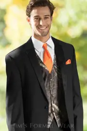 NEW Men's Mossy Oak Camo Tuxedo Vest Orange Tie Hankie Camouflage REAL POCKETS