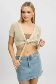 Beige Crochet Knit Cardigan Tie Up - Size 16XL, Women's Fitted Cardigan