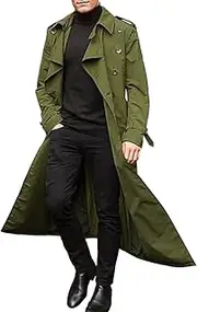 [JEShifangjiusu] Classic Double Breasted Jacket for Men Long Lapel Overcoat Casual Windbreaker Jacket, Army Green, XL