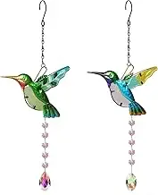 2pcs Hummingbird Sun Catcher Crystal Pendant,Stained Glass Window Hanging Ornament,Pendant Hummingbird Chandelier Prismem for Home Office Garden Decoration,Crystal Prism Ornament（Blue + Green）
