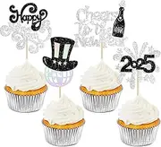 Ephlyn 24Pcs 2025 Happy New Year Cupcake Toppers Glitter Fireworks Cheers to 2025 Cupcake Picks for Welcome 2025 Happy New Year Theme Holiday Party Cake Decorations Supplies Laser Silver