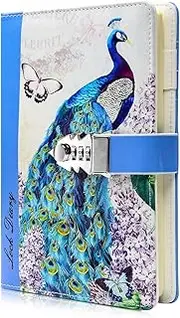 A5 Creative Password Lock Journal PU Leather Combination Lock Diary Digital Password Notebook Locking Journal Diary (Peacock 2)
