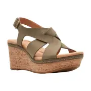 Womens Clarks Elleri Rae Wedge Sandal - Olive Nubuck, Size 11 Wide [26171446]