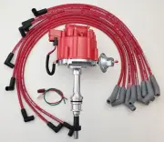 FORD 351W WINDSOR COIL-IN-CAP HEI DISTRIBUTOR + RED 8.5mm SPARK PLUG WIRES USA