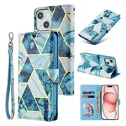 For Apple iPhone 15 Plus Case Fashion Marble Painting Pattern Flip Wallet Case Leather Card Slots Stand Cover (Blue)