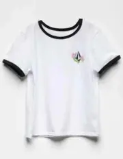 nwt VOLCOM Hey Slims Girls Ringer Tee XL floral logo white t-shirt fits XS