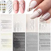 8 Sheets Line Nail Art Stickers Rose Gold Silver Metal Nail Stickers Nail Art Supplies 3D Metallic Curve Stripe Wave Lines Nail Decals French Nail Designs Accessories Striping Tape Wavy Nail Decor
