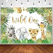 Ayayiya Wild One Safari 1st Birthday Backdrop for Boys Jungle Animals First Birthday Photography Background Green Gold Leaves Wild One Birthday Party Cake Table Banner Photoshoot Props 7x5ft