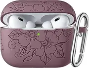 WJK Flower Engraved Case Compatible with Apple Airpods Pro 2nd Generation Case, Soft Silicone Skin Full Protective Case with Keychain for AirPods Pro Case 2nd/1st Generation, Smoke Purple