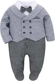[KOADOA] Baby Boy Formal Suit Footed Party Dress Tuxedo One Piece Outfit Double-Breasted