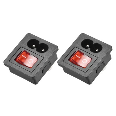 C8-8 Plug Adapter AC 250V 2.5A 2P 1mm Buckle IEC Inlet w 3P Red Switch 2pcs