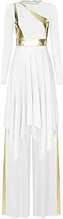 [FEESHOW] Women's Metallic Praise Dance Outfit Asymmetric Overlay Tunic Dress with Pants Liturgical Dancewear