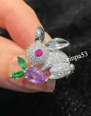Rabbit Shape Syn Burmese Pink Ruby, Emerald, Amethyst Brooch Pin Real In 925 SS