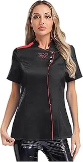 [TiaoBug] Women Chef Coat Short Sleeve Chef Jacket Restaurant Kitchen Stand Collar Fitted Work Uniform