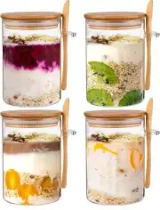 Glass Jars with Bamboo Airtight Lid and Spoon, Overnight Oats Container NO SPOON