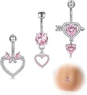 [Crdifu] 14G Belly Button Piercing Pink Heart Hanging 10 mm Belly Button Piercing Made of 316L Stainless Steel with Pendant, Set of 3 Piercing Belly Button Banana Bell Piercing Crystals