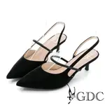 GDC-溫柔女人款水鑽宴會尖頭低跟真皮涼鞋-黑色