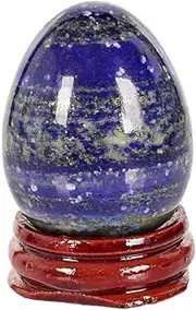 AITELEI Natural Gemstone Lapis Lazuli Carved Eggs Chakra Healing Crystal Reiki Craft Eggs Sculpture Stone Crystal Quartz Figure with Wooden Stand for Home Textiles