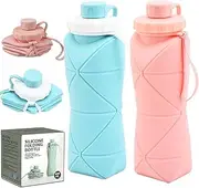 (2 Pack) RUNGOS Collapsible Water Bottle for Travel [Double Leak-proof Design] [Cap with Safety Rope] BPA Free Silicone Foldable Water Bottle for Outdoor Hiking Sports Lightweight, Couple (Blue+Pink)