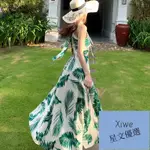 【XIWE】海邊沙灘性感長裙 綠葉子印花 胸圍可調節 海灘巴釐島沙灘裙 海邊度假洋裝 初戀森係襯衫 仙氣長裙35