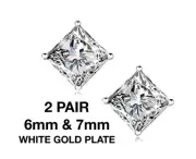 2 Pairs 18k White Gold GP Square Clear CZ Stone Men's Lady's Stud Earrings