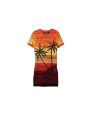 Desigual Palm Tree Print Mini Dress Sunset Knit Dress Women Red Dresses