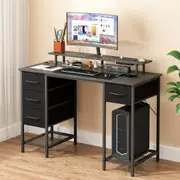 120cm Advwin Computer Desk w/ Power Outlets Monitor Stand Home Office Workstation with Removable Drawers & LED Lights Black