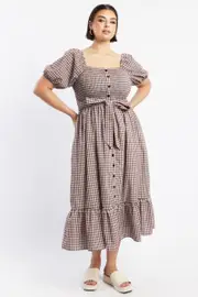 Red Check Midi Dress Short Sleeve Check Front Button Placket