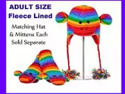 NWT deLux RAINBOW STRIPED SOCK MONKEY HAT knit handmade FLEECE LINING costume