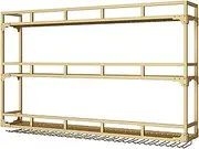 Gold Floating Bar Unit with Glass Holder Multifunctional Liquor Display Shelf Home Bar Dining Room Kitchen Light Wall Hanging 100x25x90cm