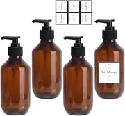 4 Pack Empty Shampoo Bottles, 300ml Soap Pump Bottle Dispenser, Refillable Lotion Bottle with 6 Waterproof Labels, Brown Empty Press Pump Bottles for Lotion, Shampoo
