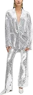 [Zadaos] Women 2 Piece Set Notched Collar Long Sleeve Single Buttons Sequines Blazer Buttons Pants Suit