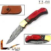 Multi Color Wood 6.5'' Damascus Stel Brass Bloster Folding Knife Back Lock LI-08