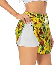 [JBYJBX] Sunflowers Print Shorts Athletic Running Women's Workout Pockets Gym Quick-Dry Sport Hiking Elastic