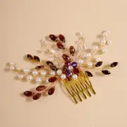 Wine Red Crystal Pearls Hair Comb Wine Red Beads Flower Hair Piece Gold Weddi...