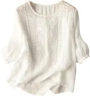 [Generic] Linen Tops for Women Plus Size Short Sleeve Tunic Blouse Retro T-Shirts Loose Fit Shirt Lightweight Flowy Boho Shirts Summer Beach Wear for Vacation Daily Office Cotton Tops for Women