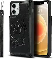 Cavor for iPhone 12 Mini Wallet Case PU Leather TPU Back Cover Flip Magnetic Clasp Heart Flower Butterfly Shockproof Cases Lanyard Card Slots Holder Kickstand-Heart Flower Black