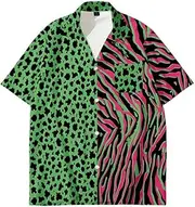 [Kelukes] Men's Novelty 3D Leopard Zebra Printed Loose Short Sleeve Button Down Flower Casual Hawaiian T-Shirt Top